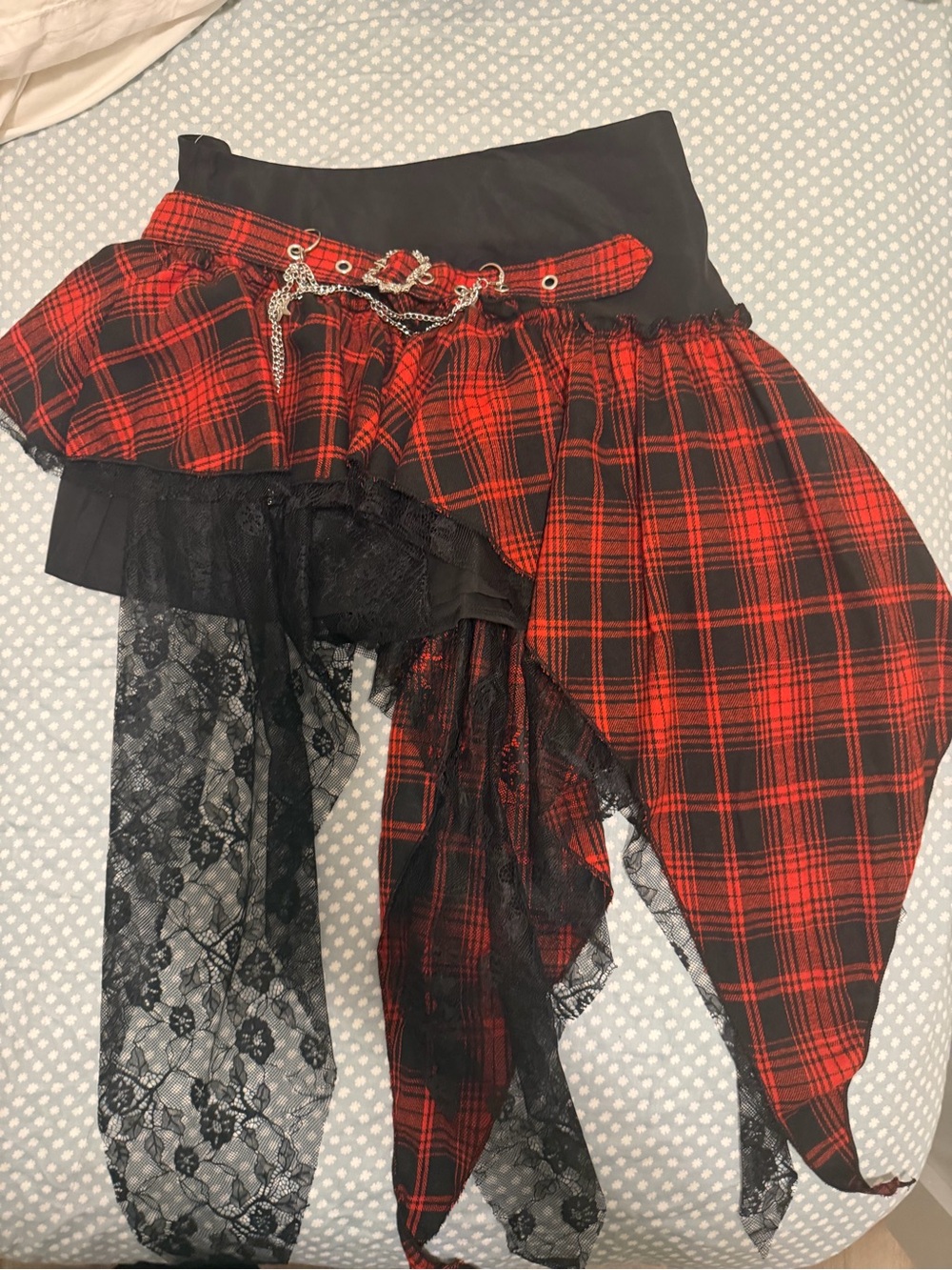 Red Black Tartan Goth Punk Asymmetrical Lace Skirt XL